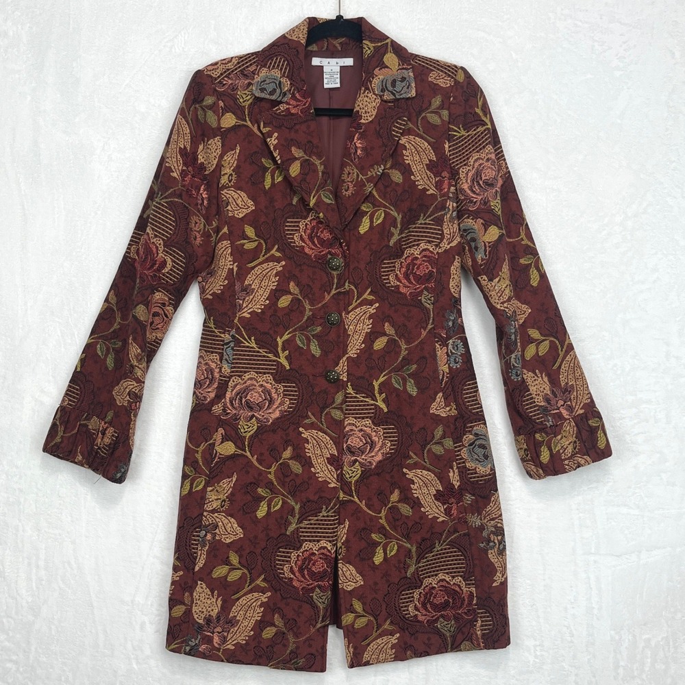 Cabi Jacobean Floral Tapestry Brocade Coat Women's sz 8 Mulberry‎ Guinevere 749